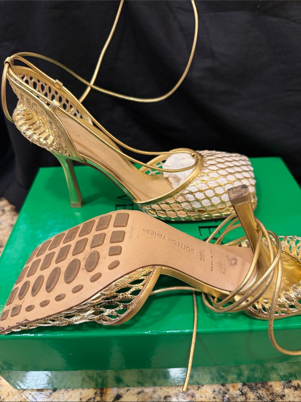 Bottega Veneta Gold Lace-Up Woven High Heels - Picture 4 of 5